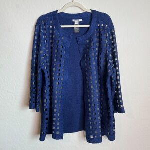 Chicos Travelers Blue Popcorn Knit Open Cardigan Geometric Mesh Cutout‎ Large